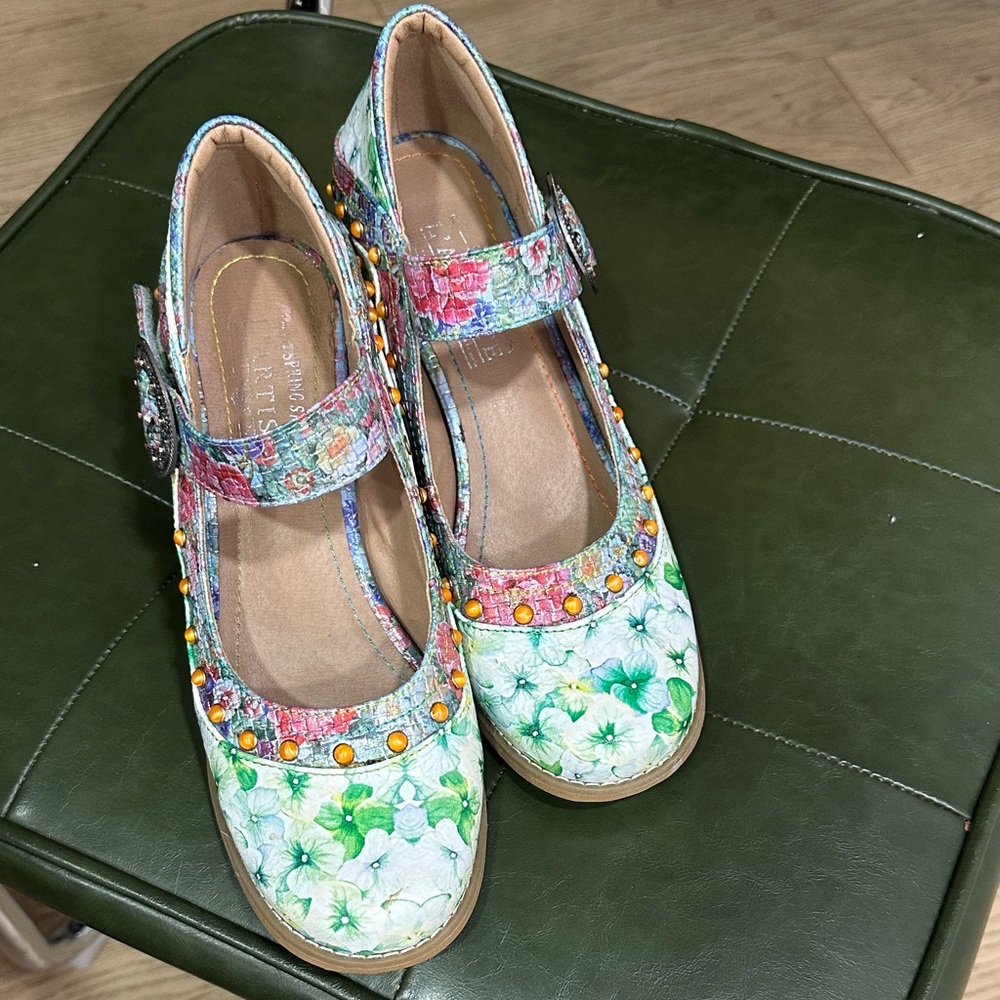 L’ Artiste Floral Mary Jane Flats with Beaded Trim